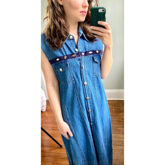 Vintage 90s Denim Button Down Silver Velvet Sleeveless Slit Maxi Dress L - Picture 3 of 9